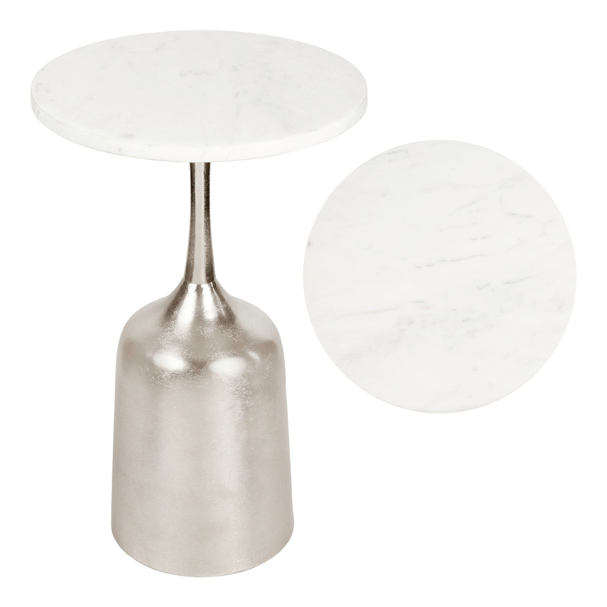 Arthea 20.25" Classic Designer Metal Drink Table and Decorative End Table with White Marble Round Top and Bell Pedestal Base