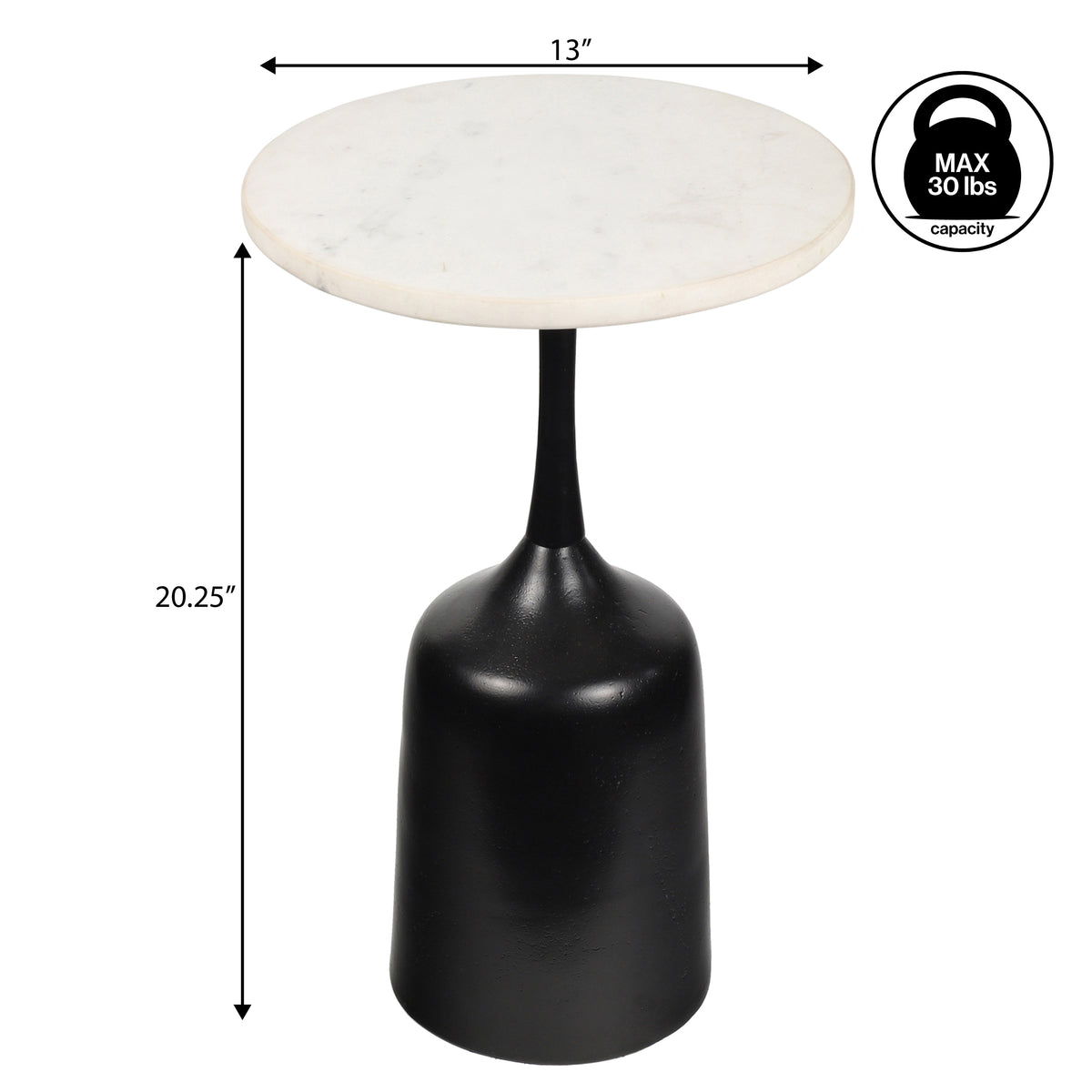 Arthea 20.25" Classic Designer Metal Drink Table and Decorative End Table with White Marble Round Top and Bell Pedestal Base