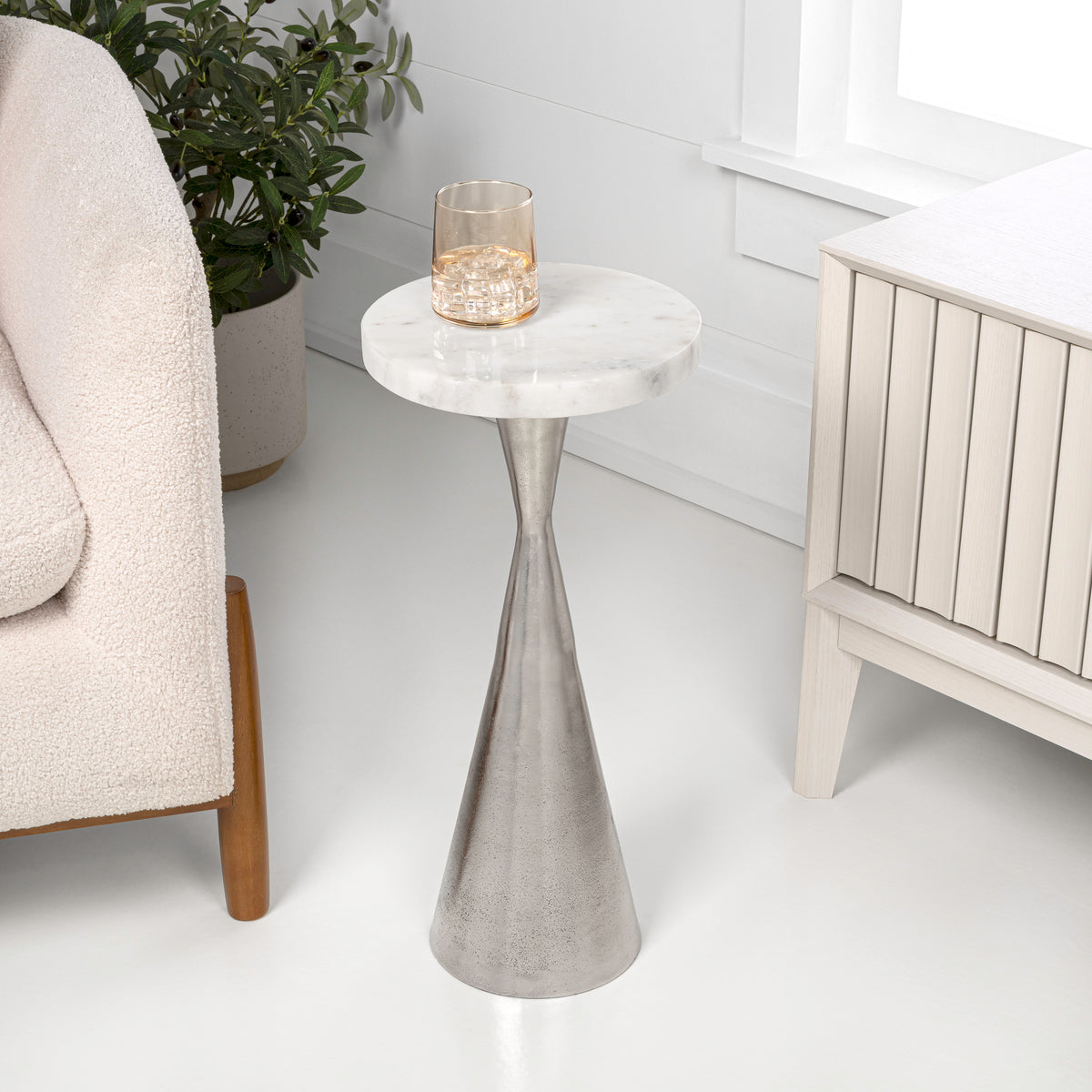 Rooten 22" Contemporary Designer Metal Drink Table and Decorative End Table with White Marble Round Top and Cone Pedestal Base
