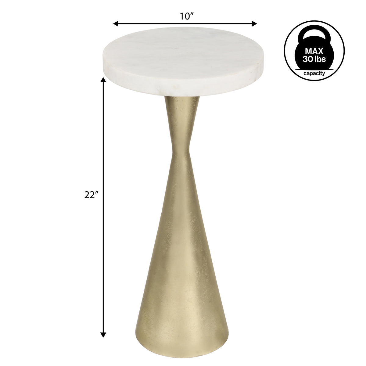 Rooten 22" Contemporary Designer Metal Drink Table and Decorative End Table with White Marble Round Top and Cone Pedestal Base