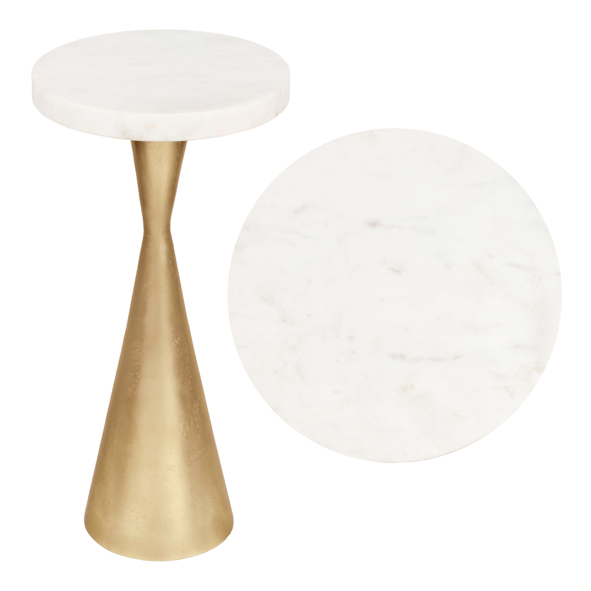 Rooten 22" Contemporary Designer Metal Drink Table and Decorative End Table with White Marble Round Top and Cone Pedestal Base
