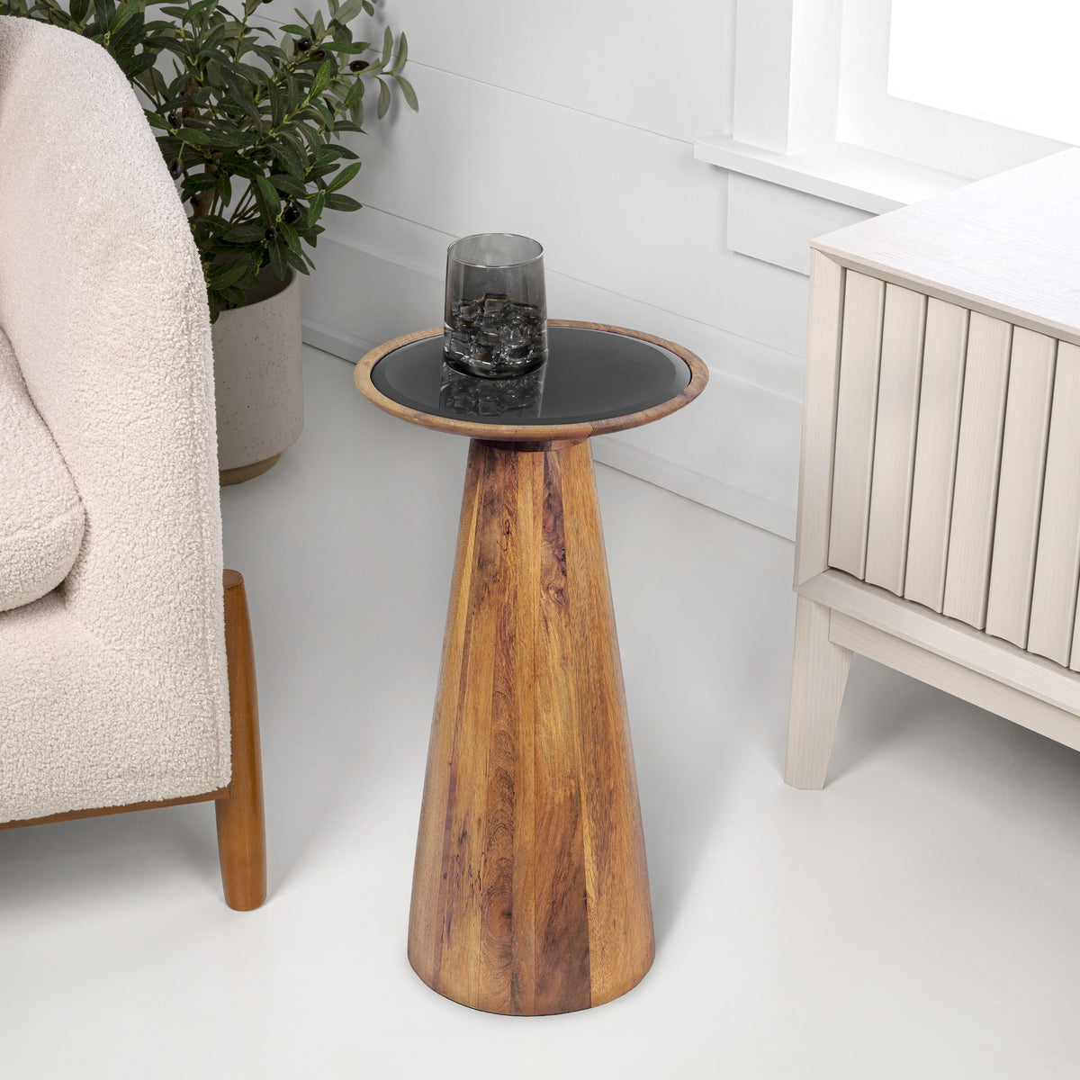 Beyra 21.5" Farmhouse Industrial Mango Wood Drink Table and Decorative End Table with Round Black Glass Top and Cone Pedestal Base