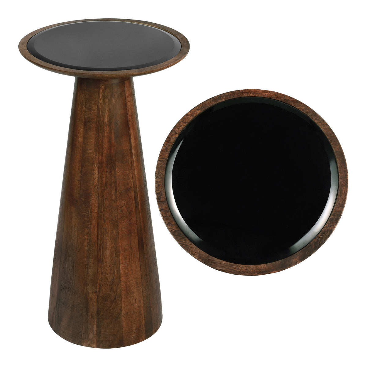 Beyra 21.5" Farmhouse Industrial Mango Wood Drink Table and Decorative End Table with Round Black Glass Top and Cone Pedestal Base