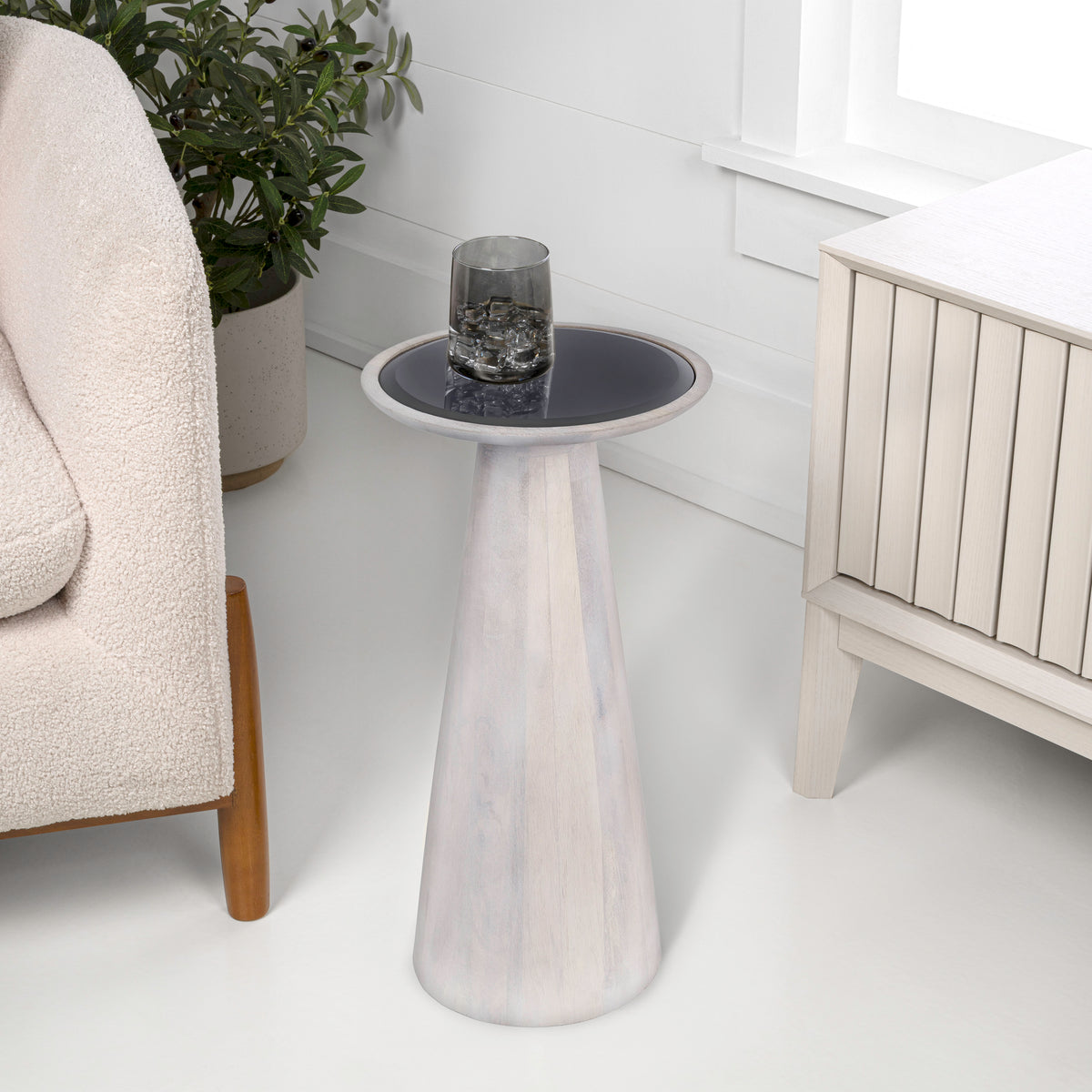 Beyra 21.5" Farmhouse Industrial Mango Wood Drink Table and Decorative End Table with Round Black Glass Top and Cone Pedestal Base