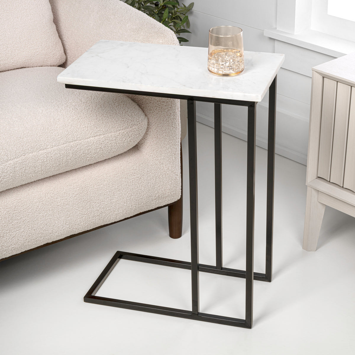 Grevyn 24.25" Designer Industrial Metal C-Shaped End Table and Side Couch Table with White Marble Top