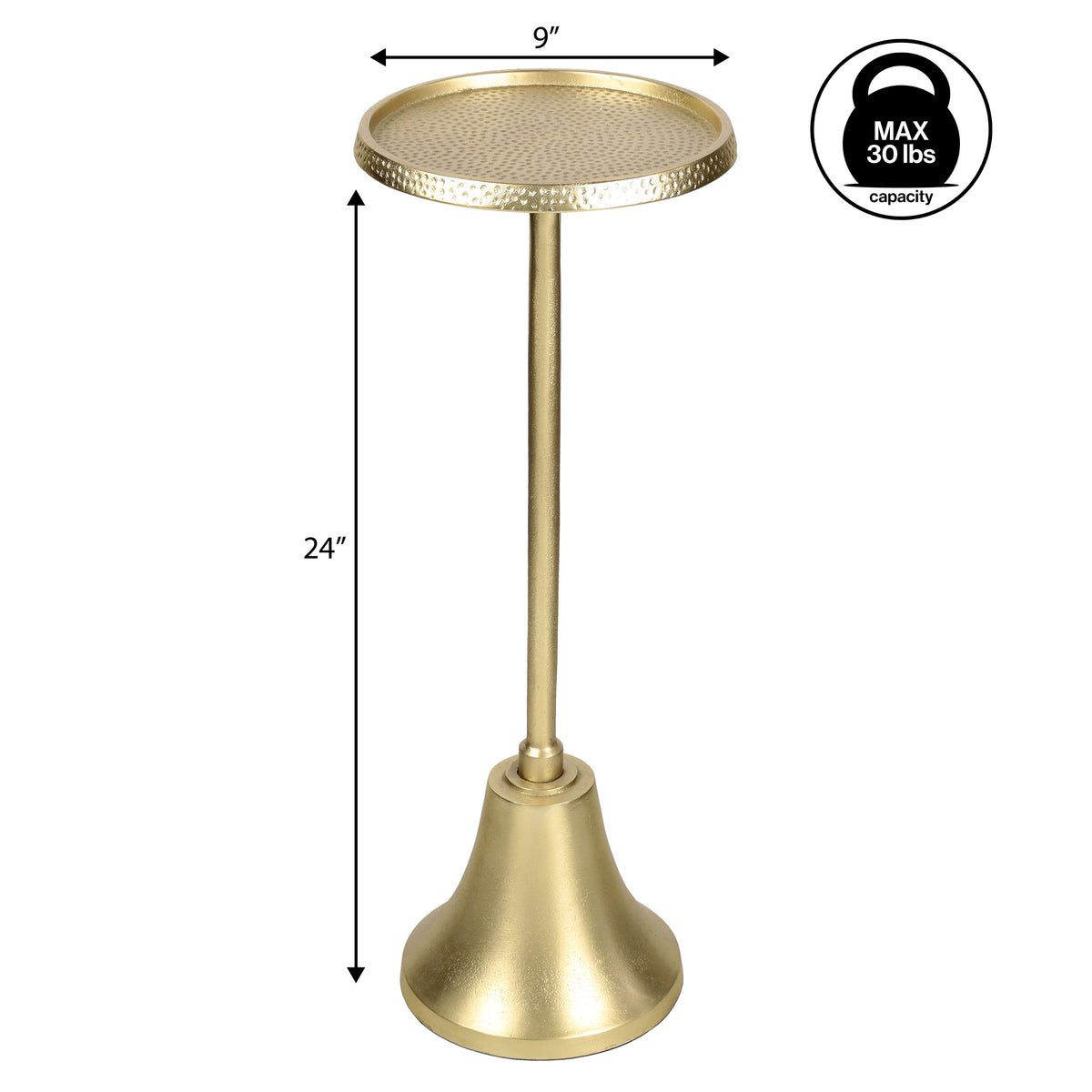 Miren 24" Art Deco Designer Pedestal Drink Table and Decorative End Table with Hammered Round Top and Bell Base