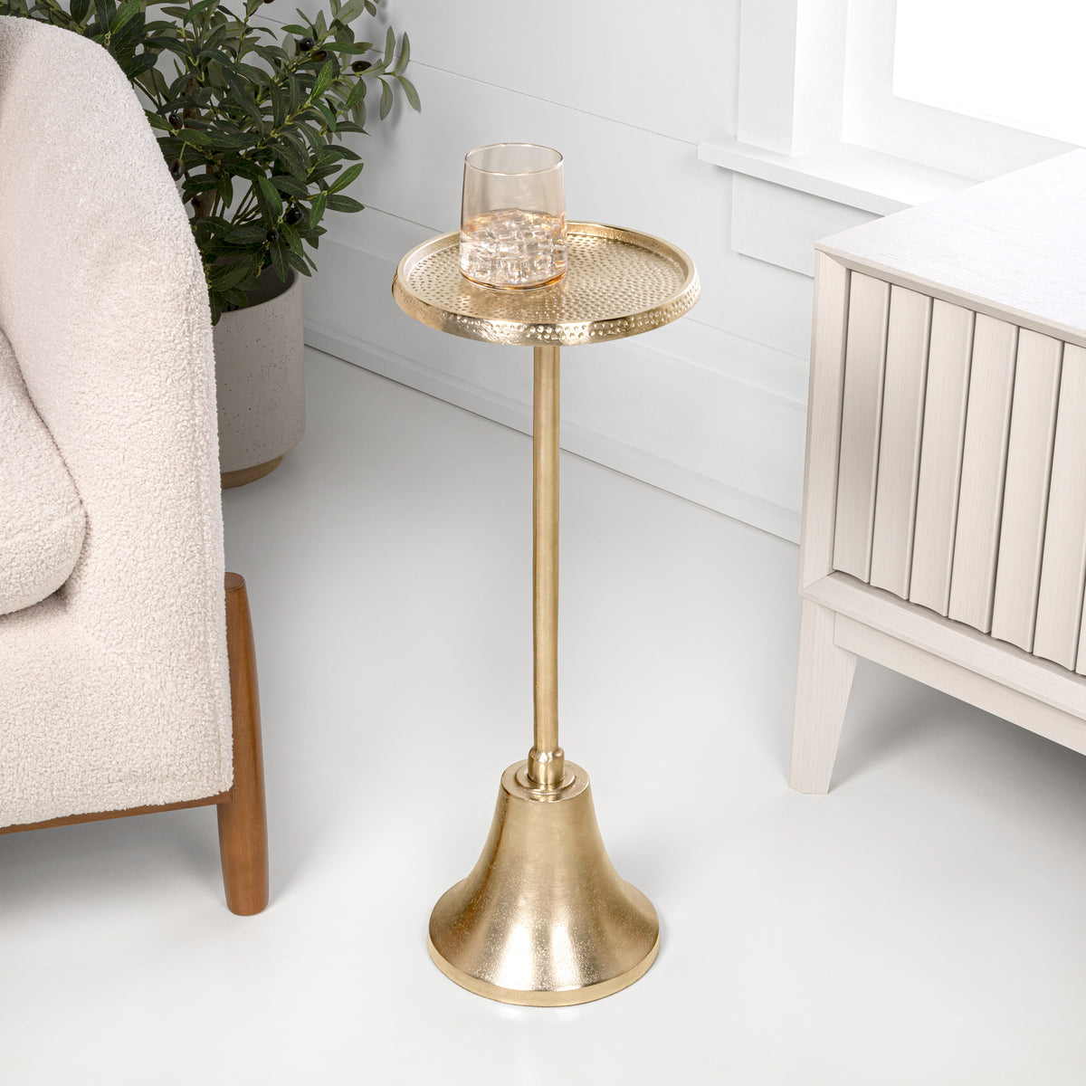 Miren 24" Art Deco Designer Pedestal Drink Table and Decorative End Table with Hammered Round Top and Bell Base