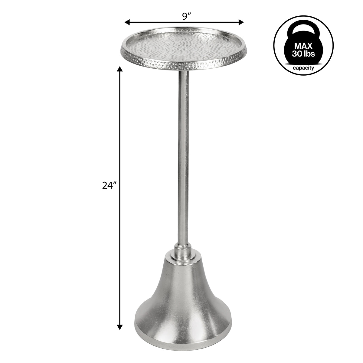 Miren 24" Art Deco Designer Pedestal Drink Table and Decorative End Table with Hammered Round Top and Bell Base