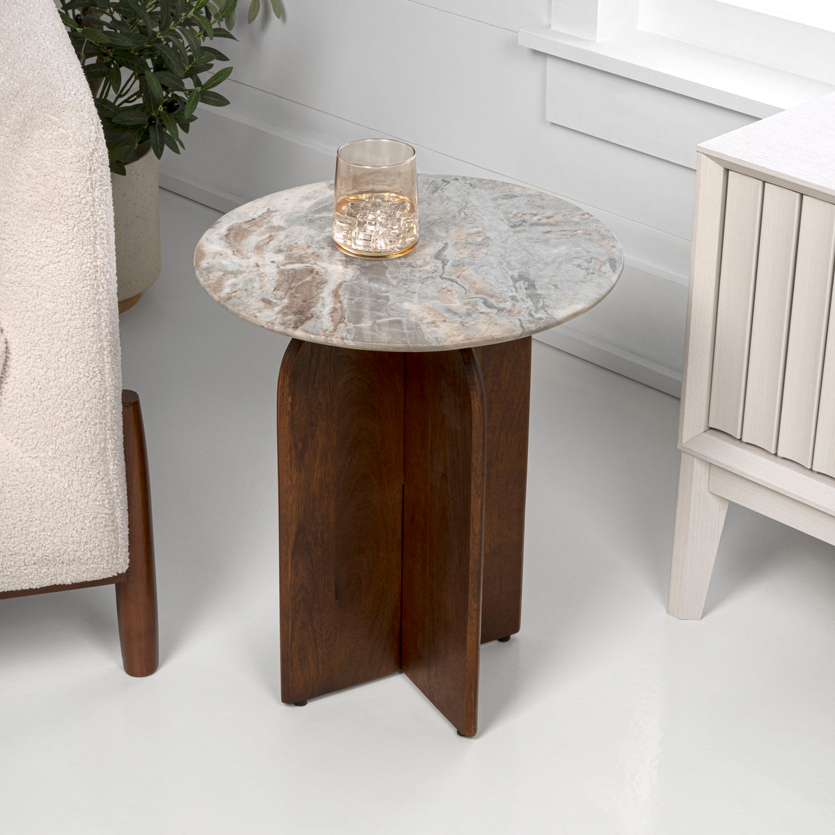 Cinderbrook 18" Rustic Minimalist Marble/Wood X-Base Accent Table