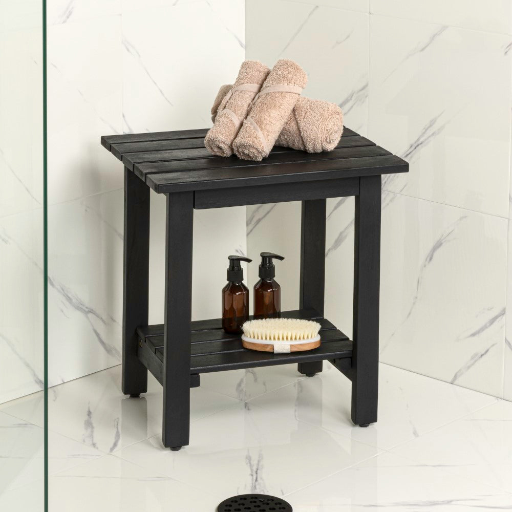 Lumara 16.1" Cottage Classic Slatted Solid Acacia Wood Indoor/Outdoor Shower Bench with Shelf