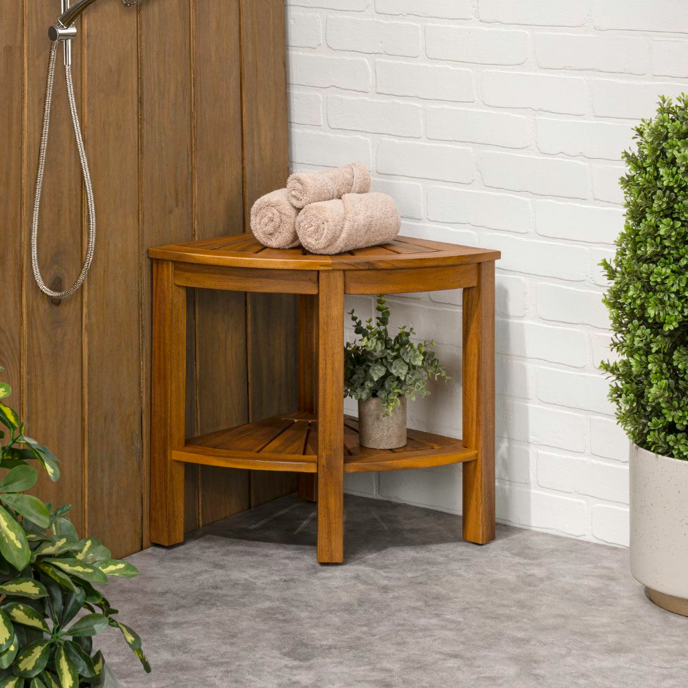 Mossen 18" Classic Coastal Solid Acacia Wood Indoor/Outdoor Corner Shower Bench with Shelf