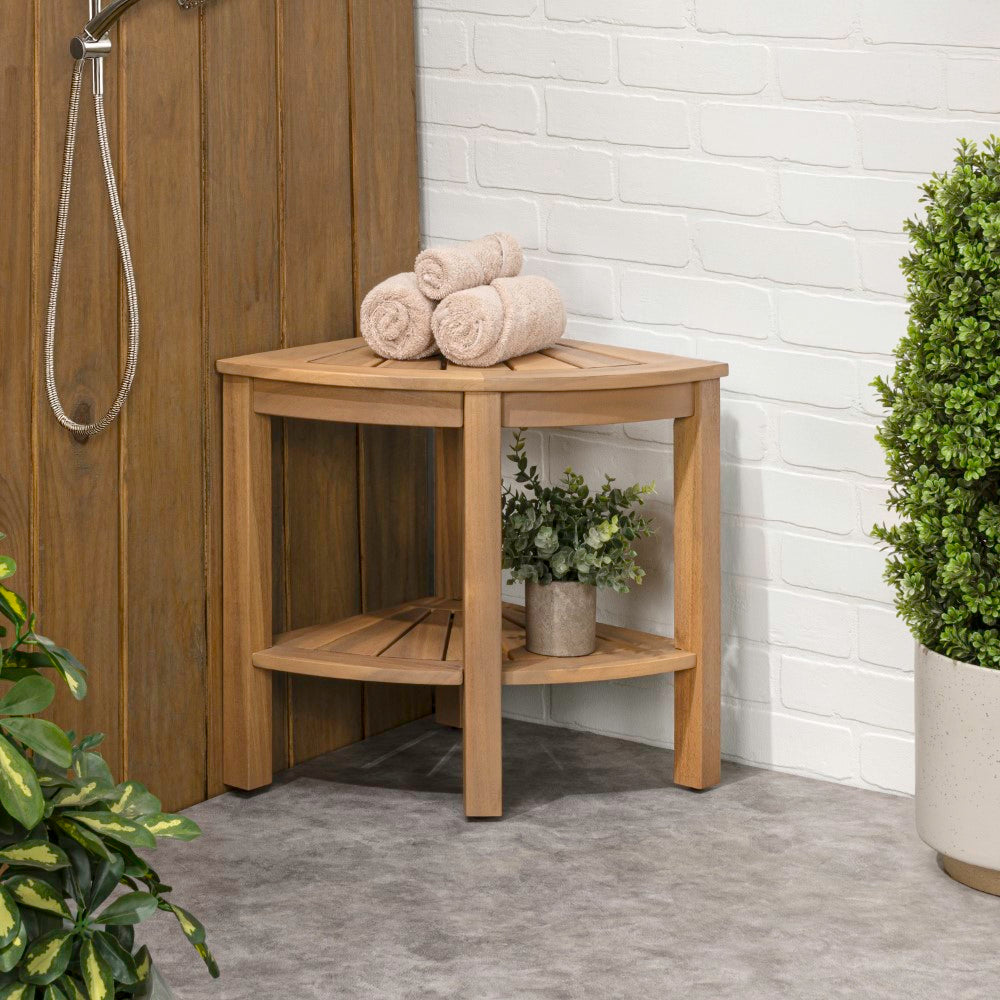 Mossen 18" Classic Coastal Solid Acacia Wood Indoor/Outdoor Corner Shower Bench with Shelf