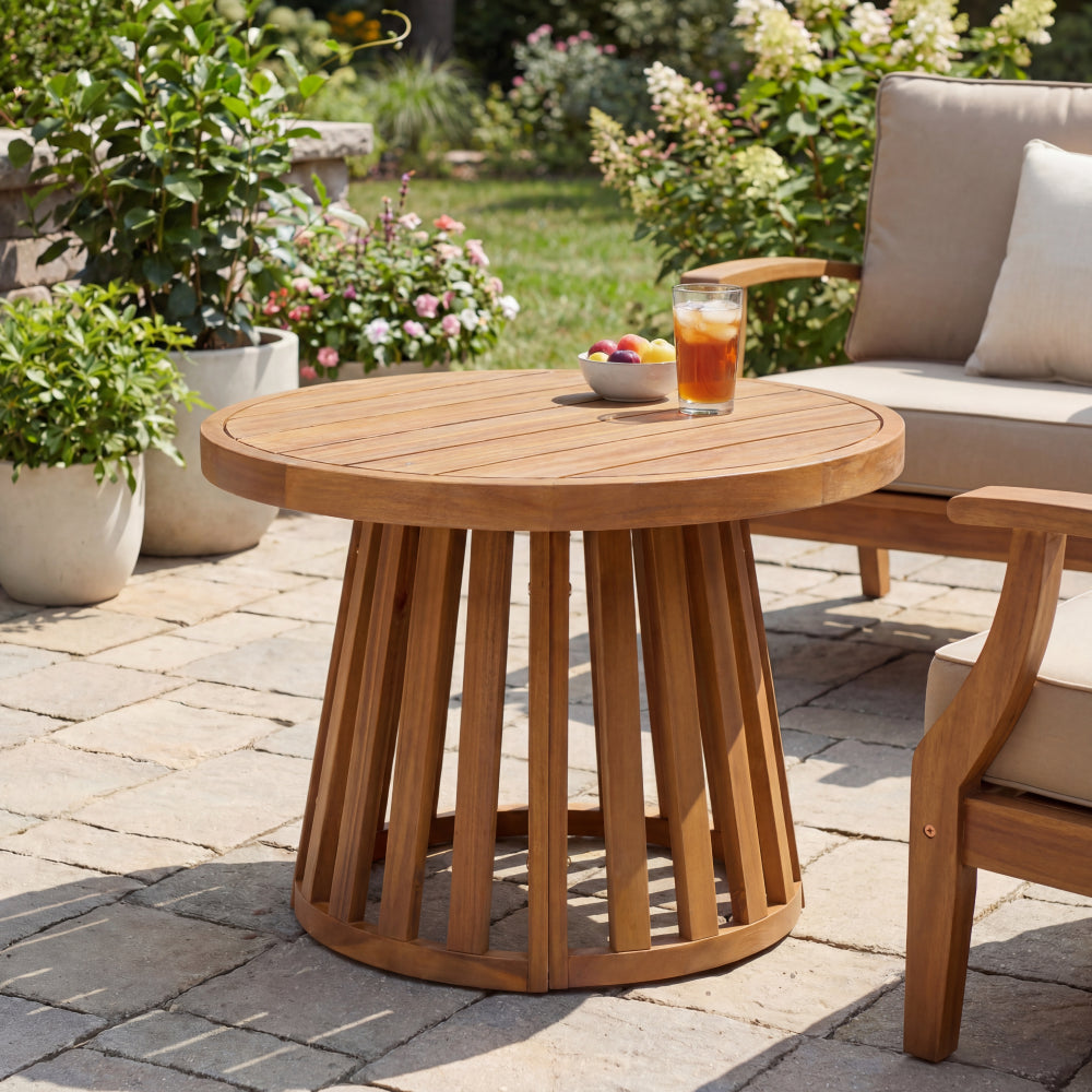 Elvanto 27.5" Modern Coastal Acacia Wood Indoor/Outdoor Pedestal Base Round Coffee Table