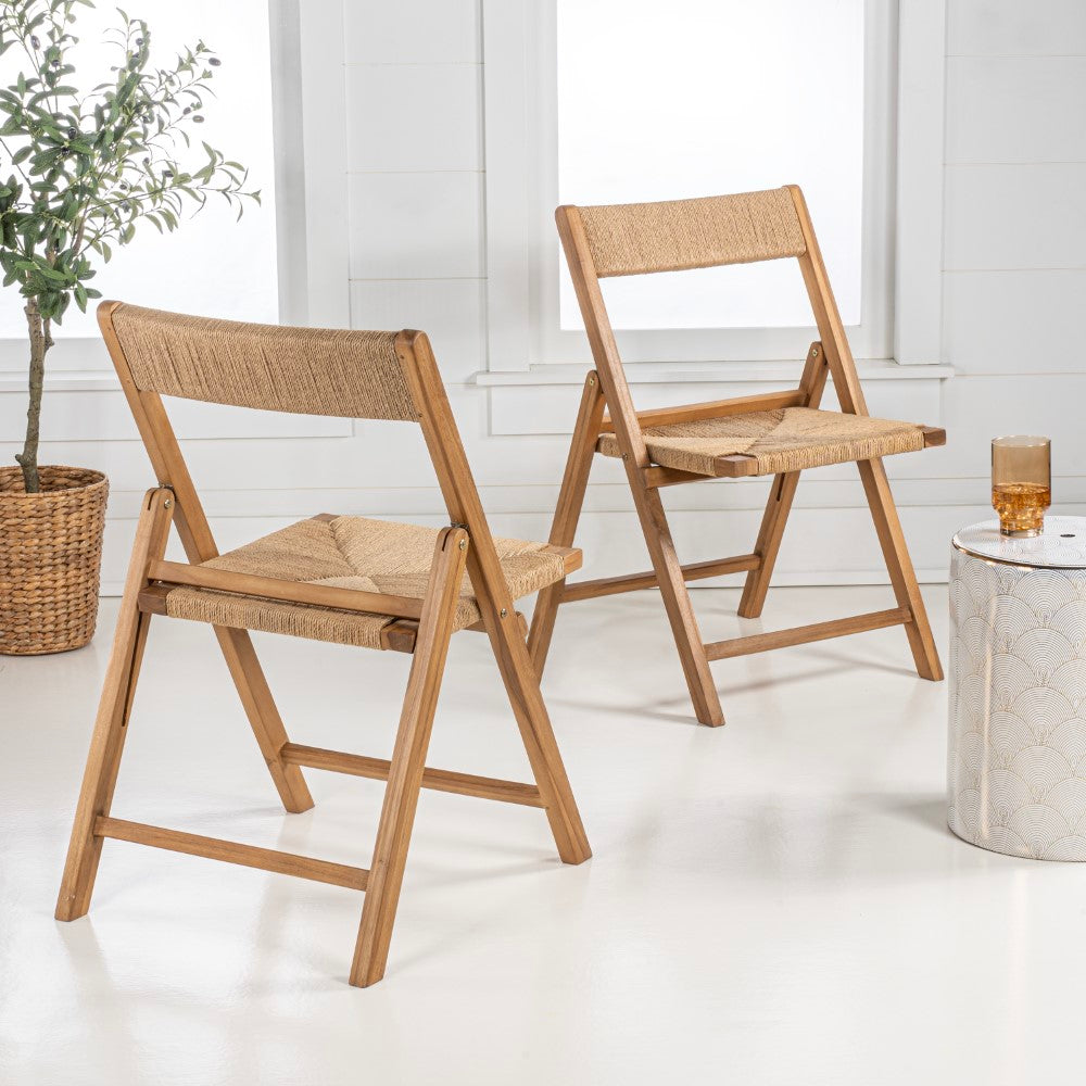 Rylee Coastal Modern Wood Woven Seagrass Folding Chair Set 2