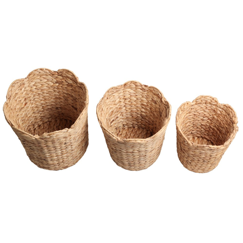 Loka Bohemian Farmhouse Handwoven Water Hyacinth Scalloped Edge Nesting Baskets