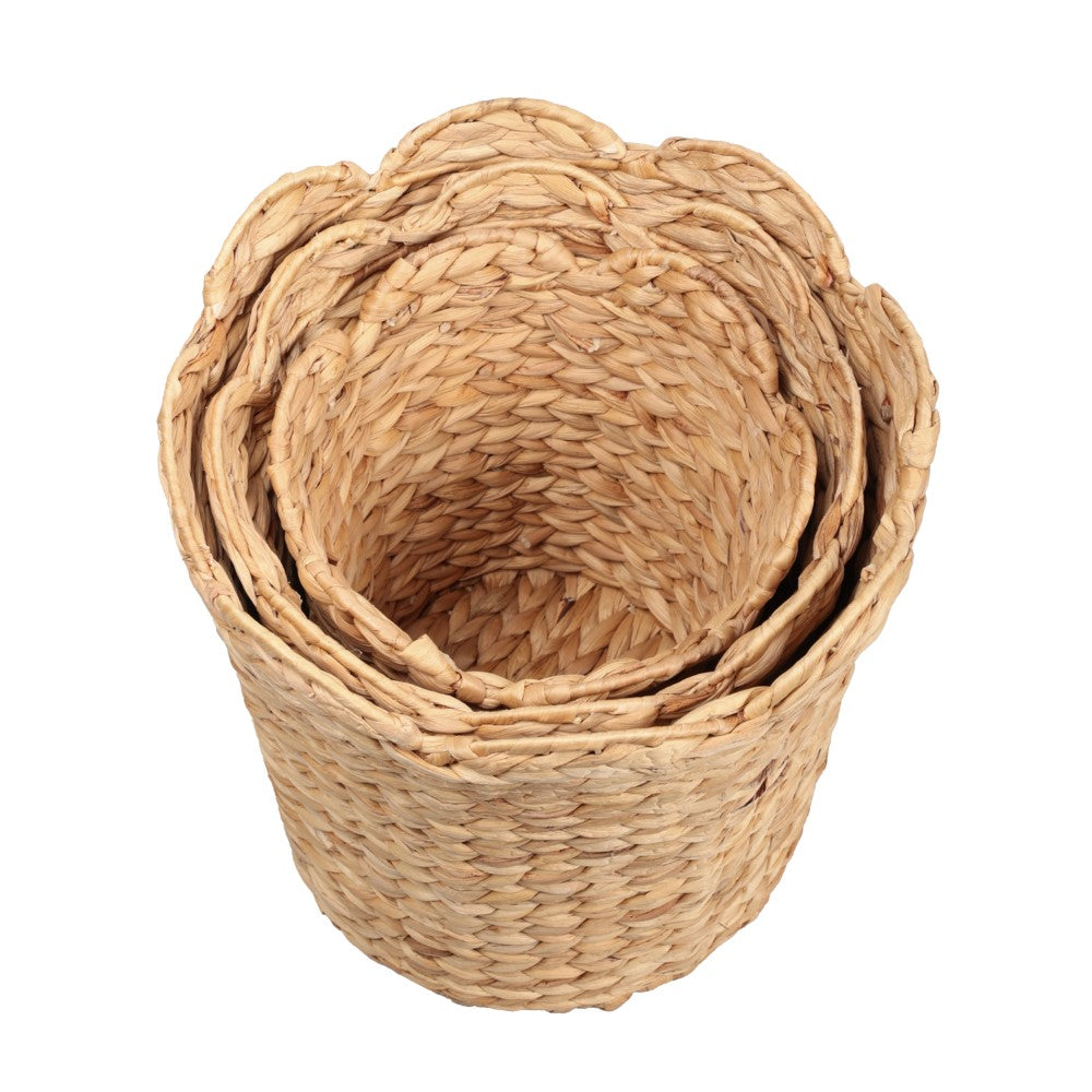 Loka Bohemian Farmhouse Handwoven Water Hyacinth Scalloped Edge Nesting Baskets
