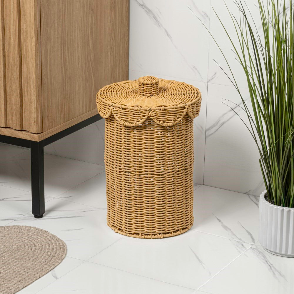 Solwyn Modern Bohemian Resin 2.9-Gallon Cylinder Wicker Watebasket with Scalloped Lid