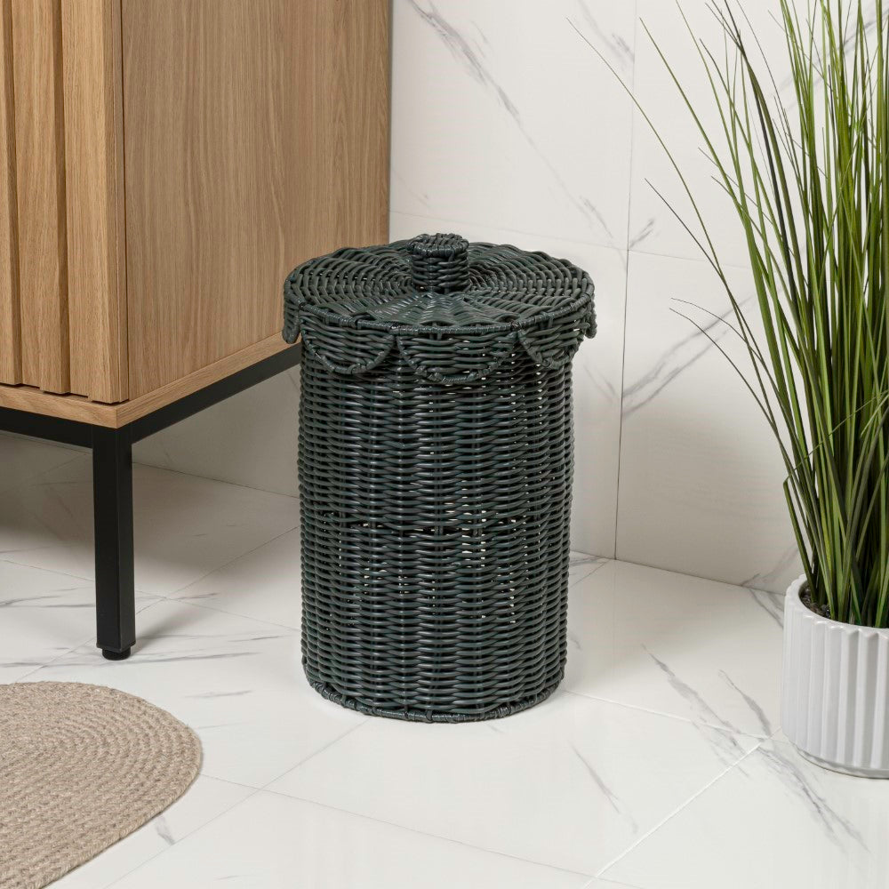 Solwyn Modern Bohemian Resin 2.9-Gallon Cylinder Wicker Watebasket with Scalloped Lid