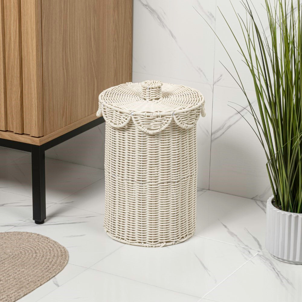 Solwyn Modern Bohemian Resin 2.9-Gallon Cylinder Wicker Watebasket with Scalloped Lid