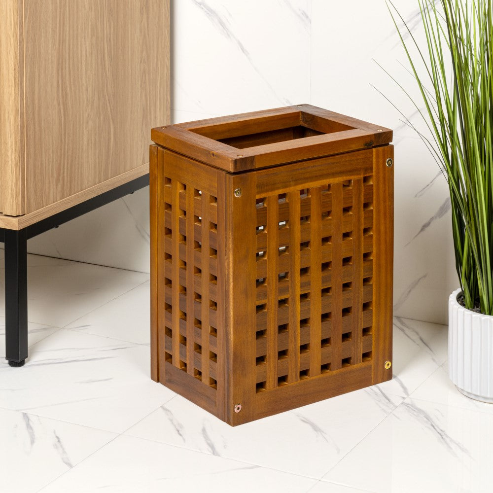 Junie Coastal Farmhouse Handcrafted Acacia Wood Indoor/Outdoor 2.7-Gallon Rectangular Grid Wastebasket