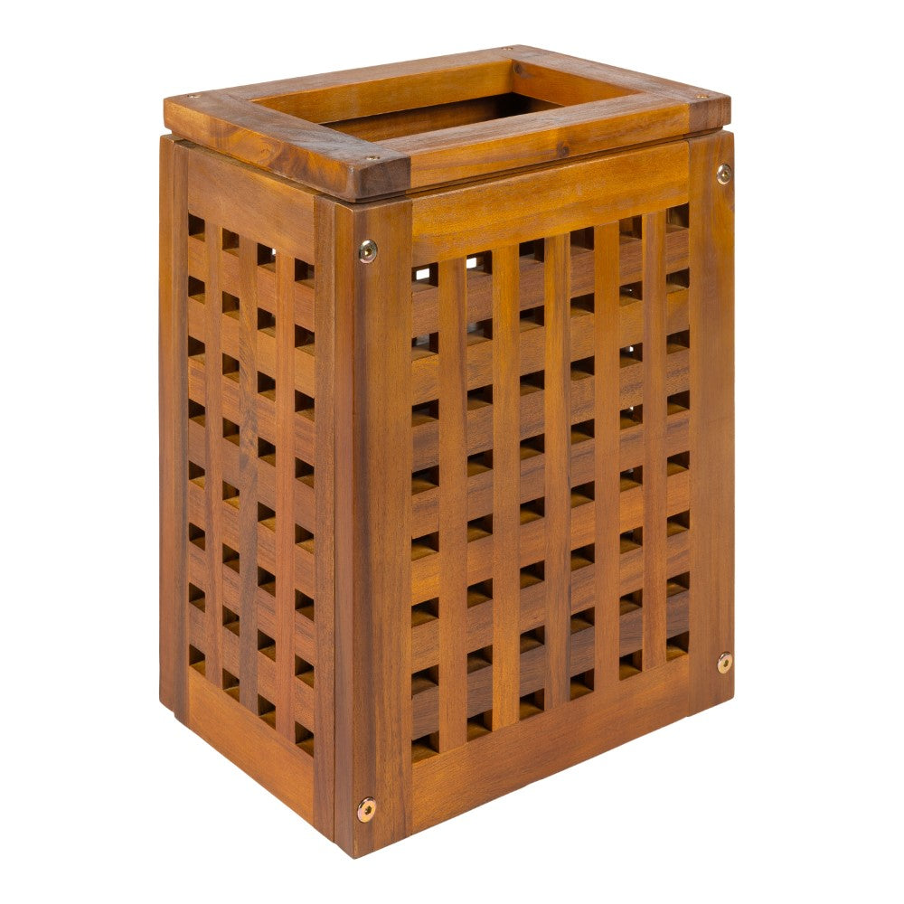 Junie Coastal Farmhouse Handcrafted Acacia Wood Indoor/Outdoor 2.7-Gallon Rectangular Grid Wastebasket