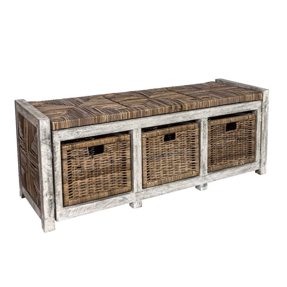 Rustic 43.3" 3 Drawer Wicker Storage Bench