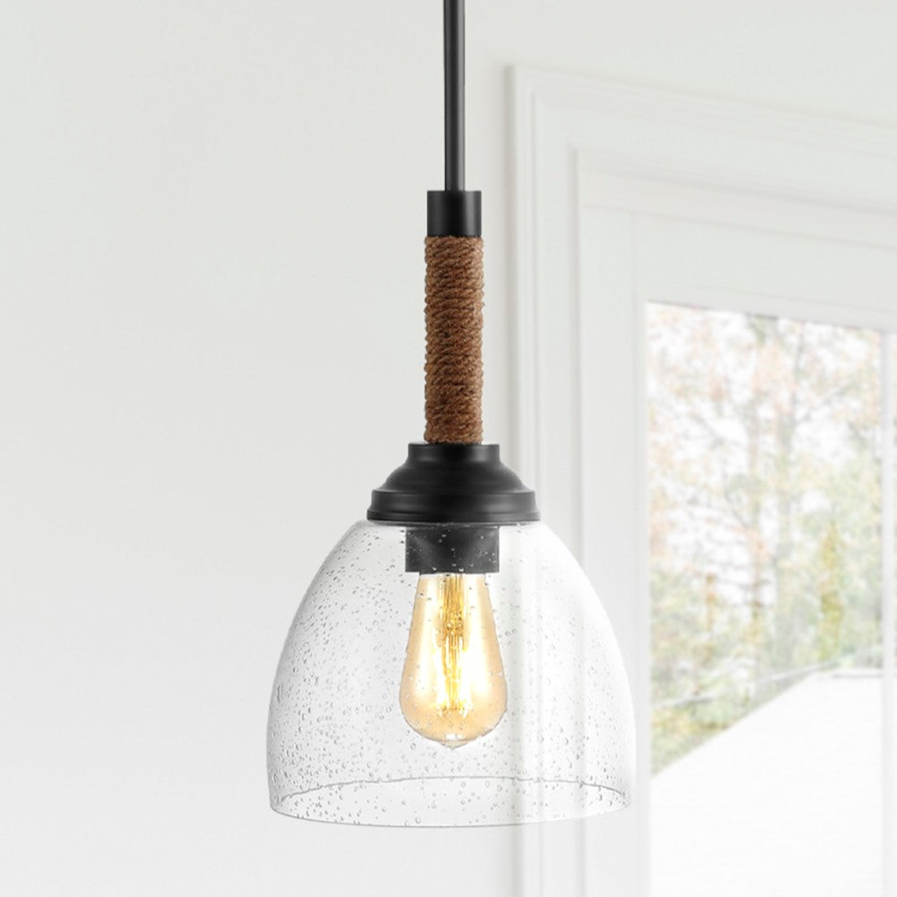 Hitchcock 7.63" Adjustable Rope-Wrap Modern Rustic Iron/Glass LED Pendant