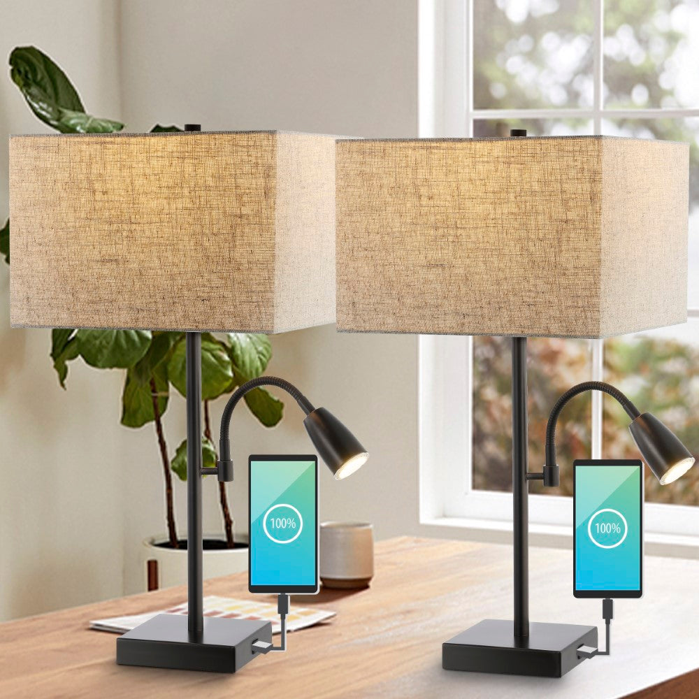 Vonn 25.5" Farmhouse Industrial Iron LED Table Lamp with USB Charging Port and Adjustable Reading Light Set 2