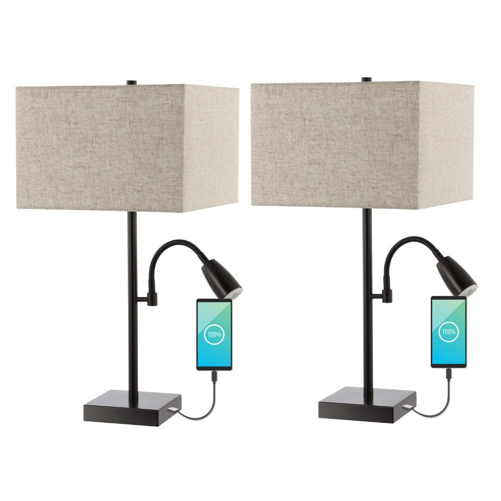 Vonn 25.5" Farmhouse Industrial Iron LED Table Lamp with USB Charging Port and Adjustable Reading Light Set 2