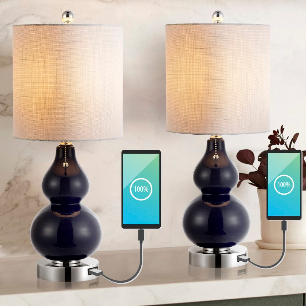 Bonnie 22" Classic Vintage Glass LED Table Lamp with USB Charging Port Set 2