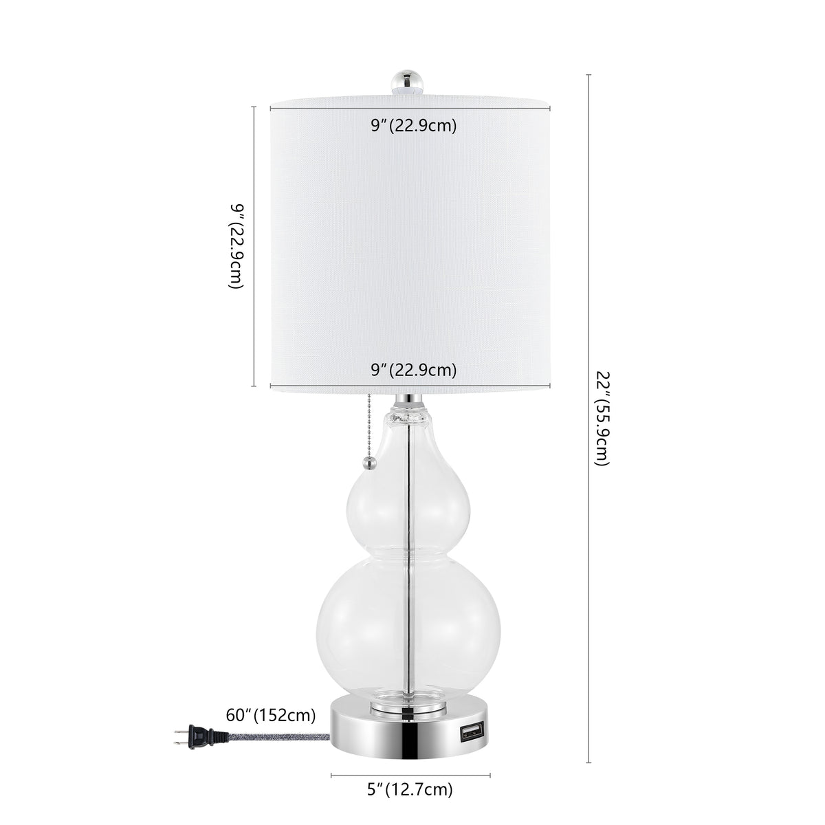 Bonnie 22" Classic Vintage Glass LED Table Lamp with USB Charging Port Set 2