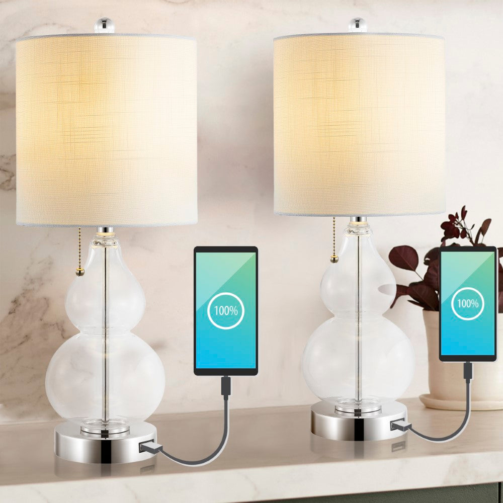 Bonnie 22" Classic Vintage Glass LED Table Lamp with USB Charging Port Set 2