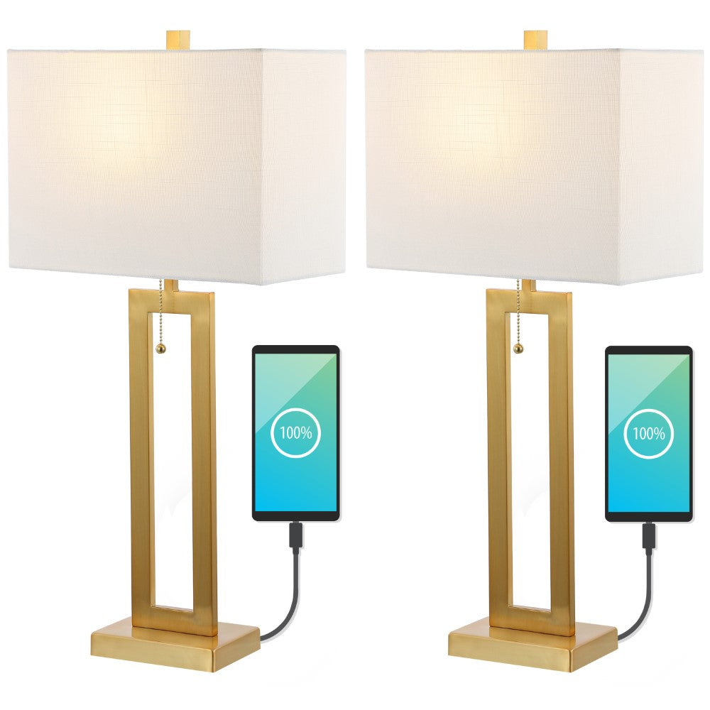 Abner 28.5" Vintage Industrial Iron LED Table Lamp with Pull-Chain and USB Charging Port Set 2