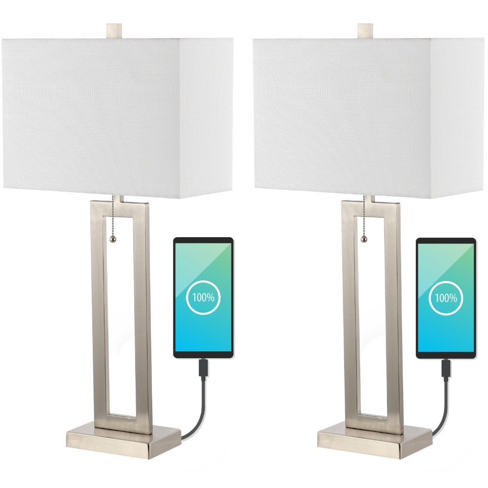 Abner 28.5" Vintage Industrial Iron LED Table Lamp with Pull-Chain and USB Charging Port Set 2
