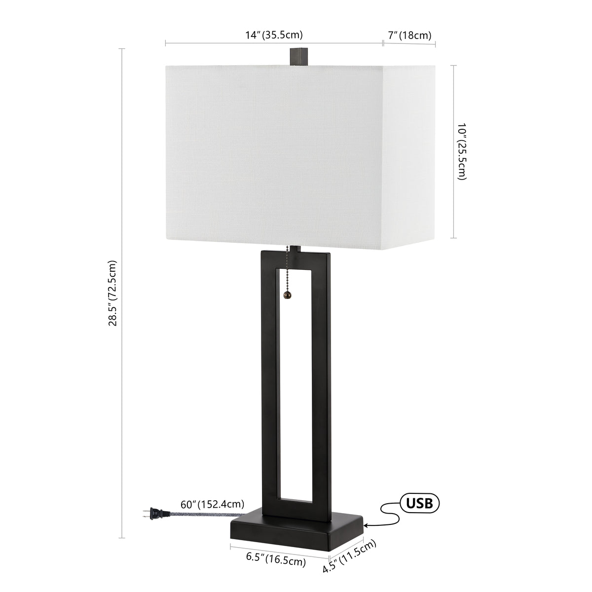 Abner 28.5" Vintage Industrial Iron LED Table Lamp with Pull-Chain and USB Charging Port Set 2