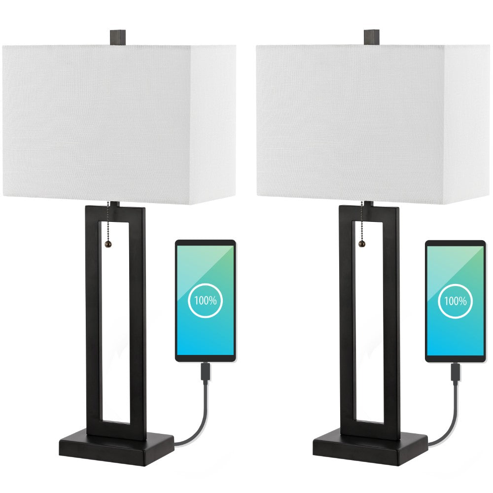 Abner 28.5" Vintage Industrial Iron LED Table Lamp with Pull-Chain and USB Charging Port Set 2