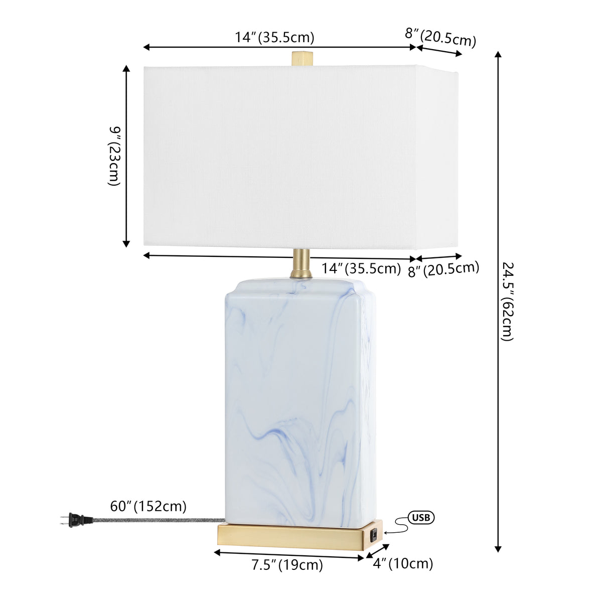 Cranberry 24.5" Modern Coastal Iron/Marbled Ceramic LED Table Lamp with USB Charging Port Set 2