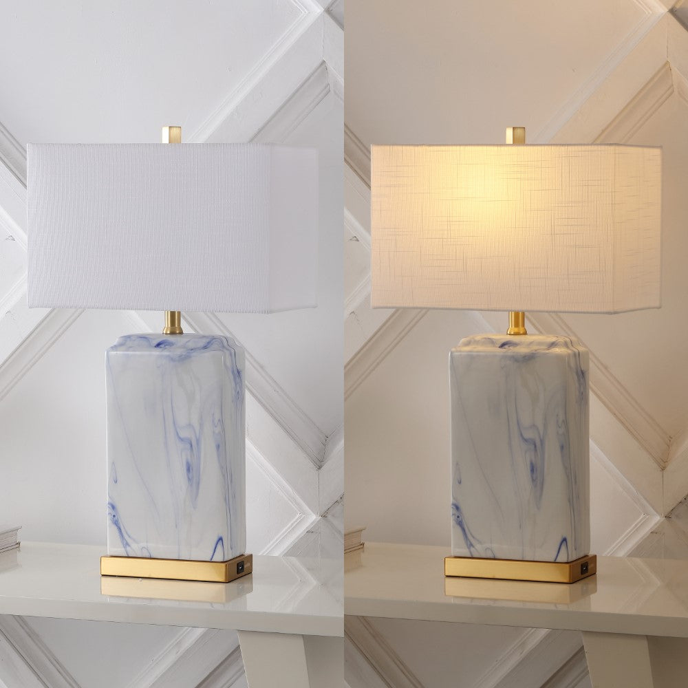 Cranberry 24.5" Modern Coastal Iron/Marbled Ceramic LED Table Lamp with USB Charging Port Set 2