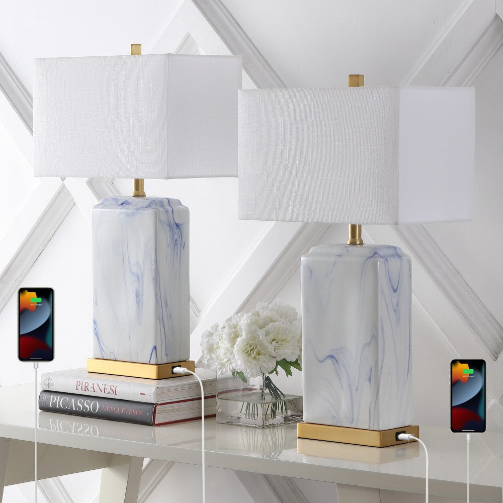 Cranberry 24.5" Modern Coastal Iron/Marbled Ceramic LED Table Lamp with USB Charging Port Set 2