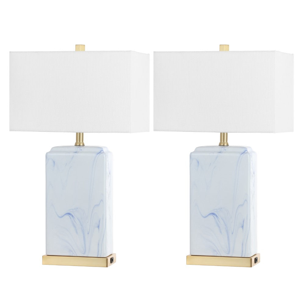 Cranberry 24.5" Modern Coastal Iron/Marbled Ceramic LED Table Lamp with USB Charging Port Set 2