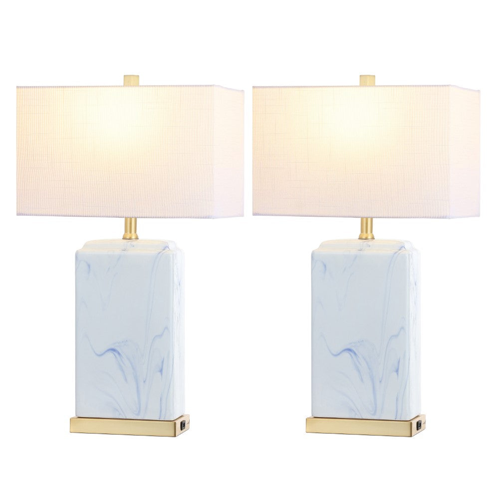 Cranberry 24.5" Modern Coastal Iron/Marbled Ceramic LED Table Lamp with USB Charging Port Set 2