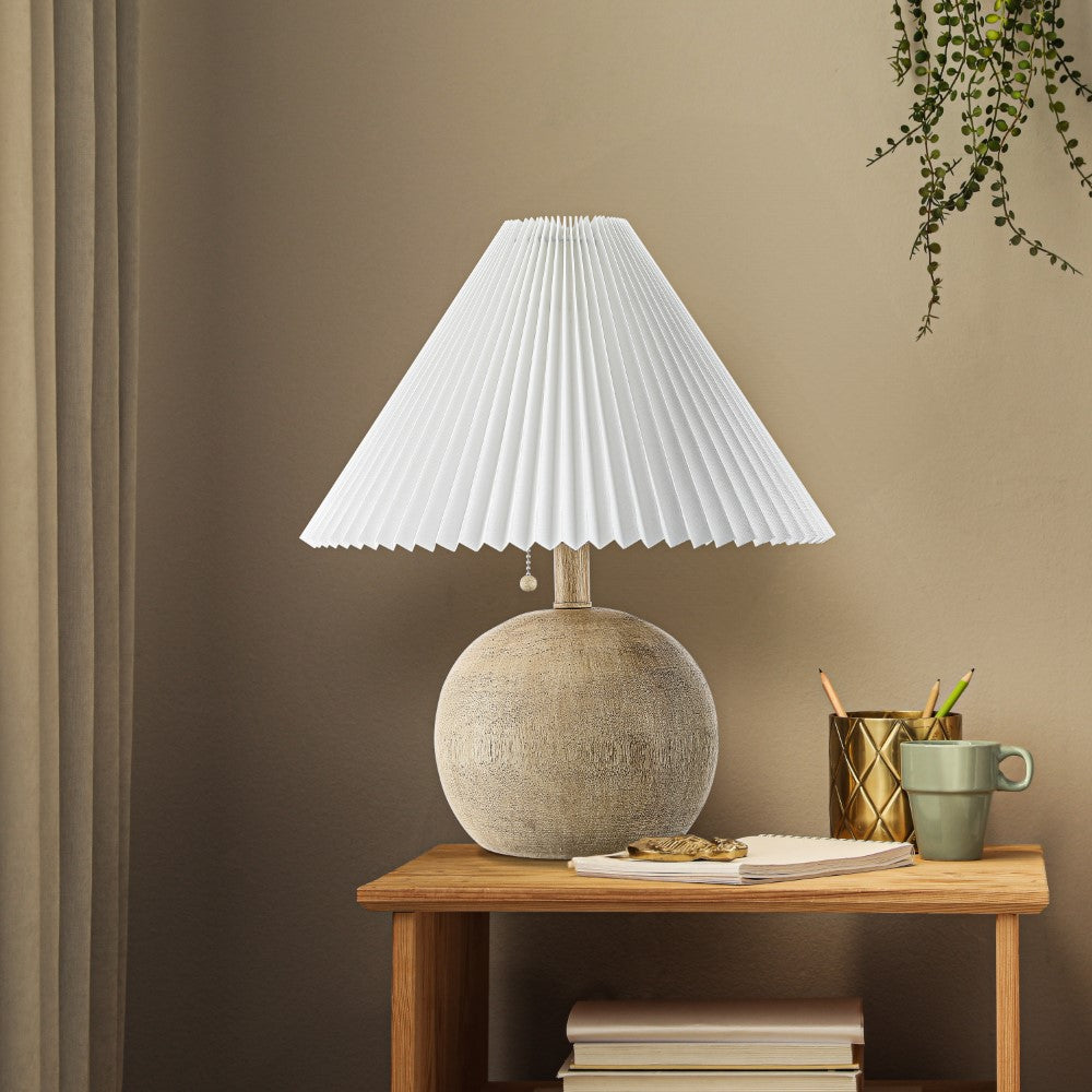 Nordic 17.25" Coastal Scandinavian Resin/Iron Sphere LED Table Lamp with Pleated Shade and Pull Chain