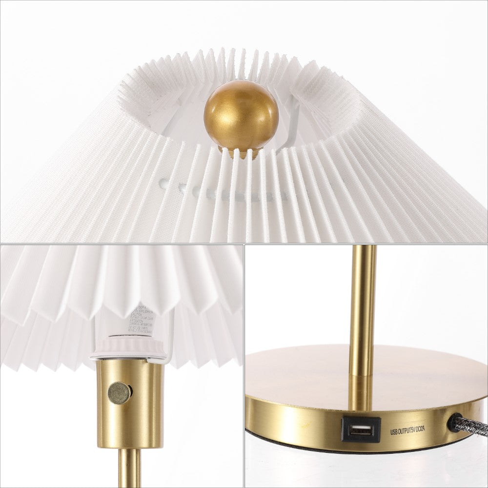 Kenroy 21.25" Modern Glam Metal Column LED Table Lamp with USB Charging Port and Pleated Shade