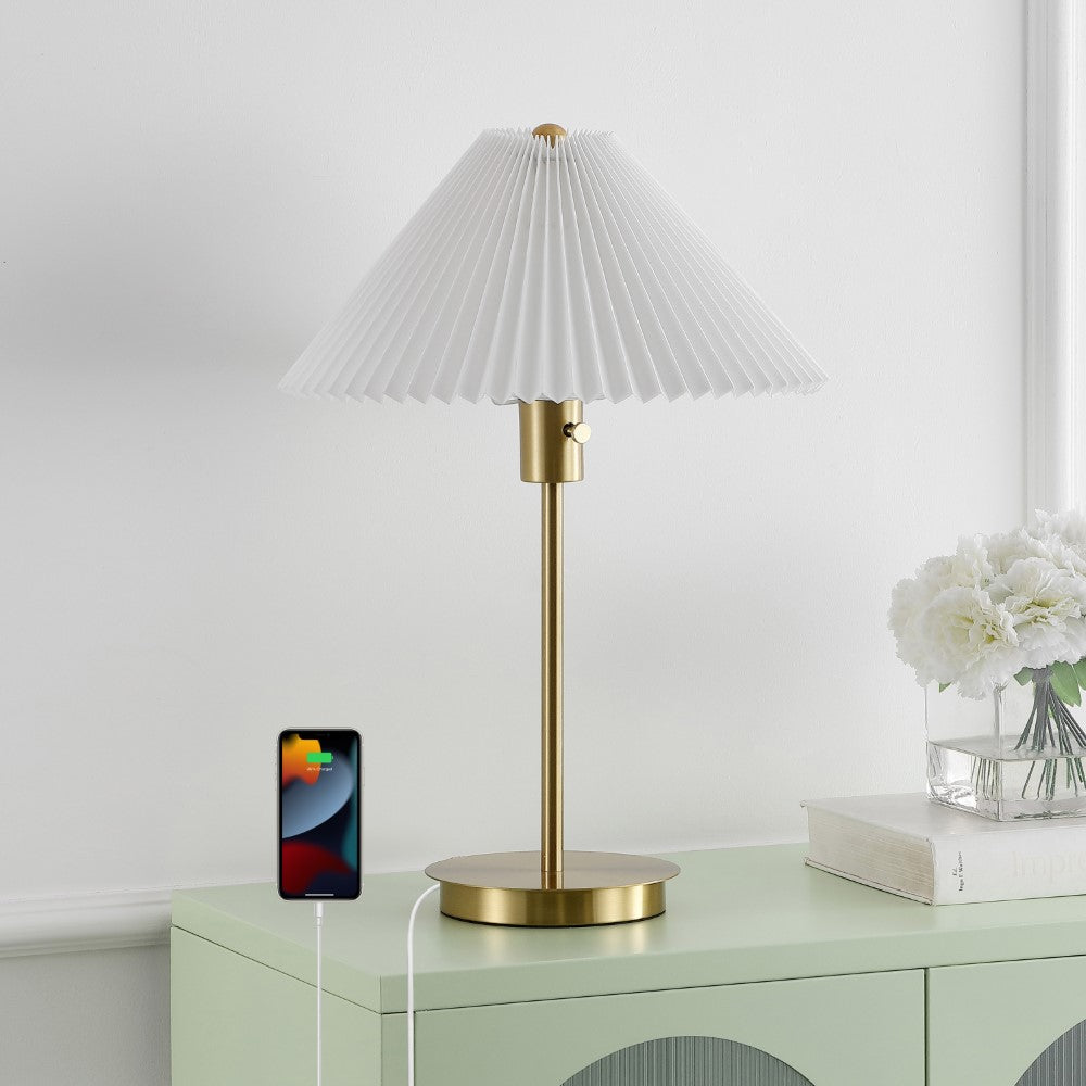 Kenroy 21.25" Modern Glam Metal Column LED Table Lamp with USB Charging Port and Pleated Shade