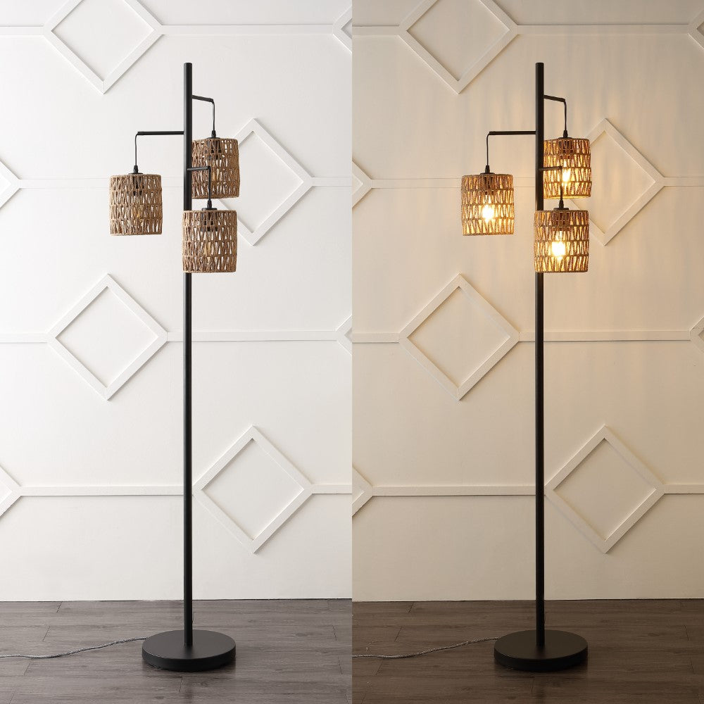 Sucolite 70.75" 3-Light Mid-Century Bohemian Metal/Rope LED Floor Lamp