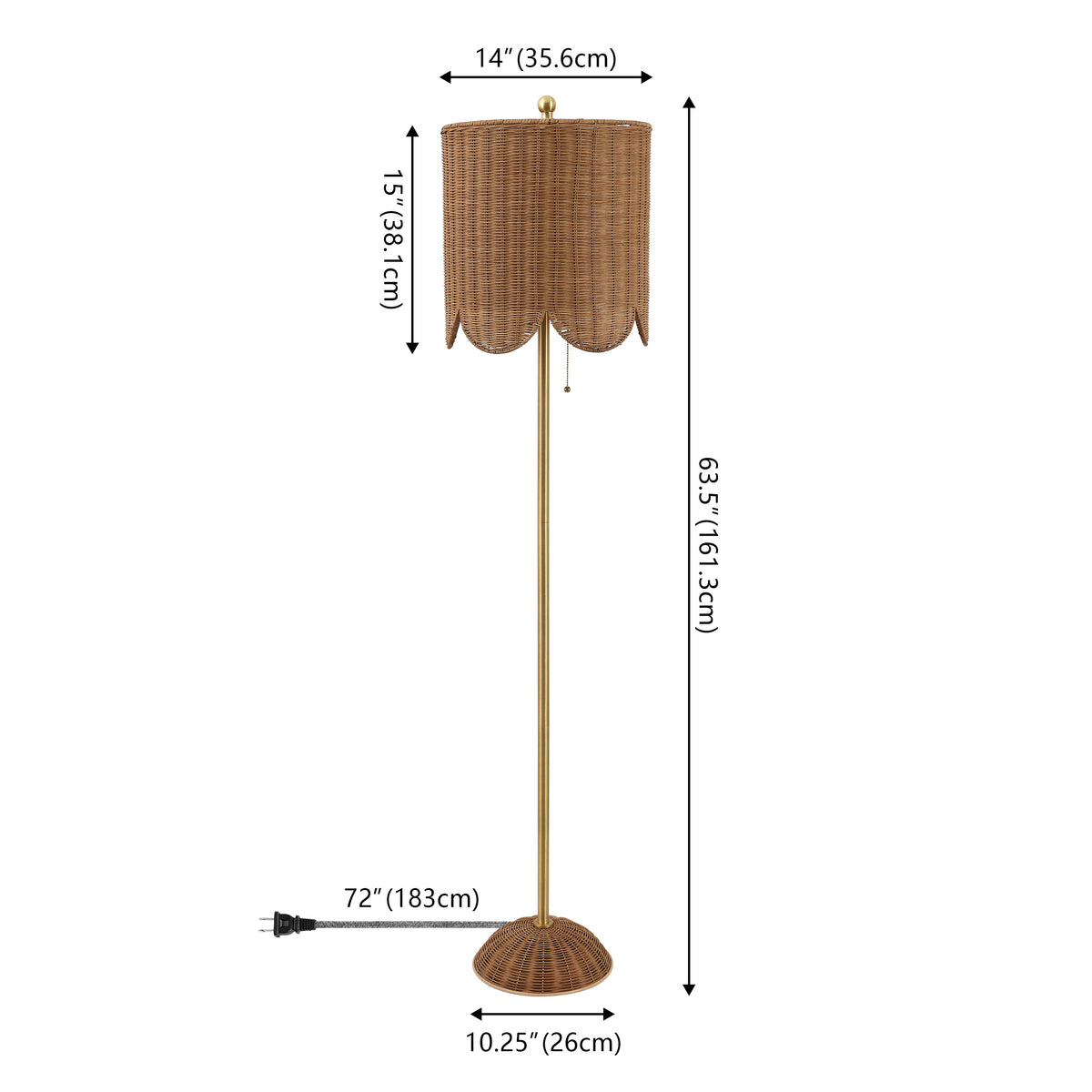 Elyzo 63.5" Coastal Bohemian Scallop Shade Rattan/Metal LED Floor Lamp with Pull Chain