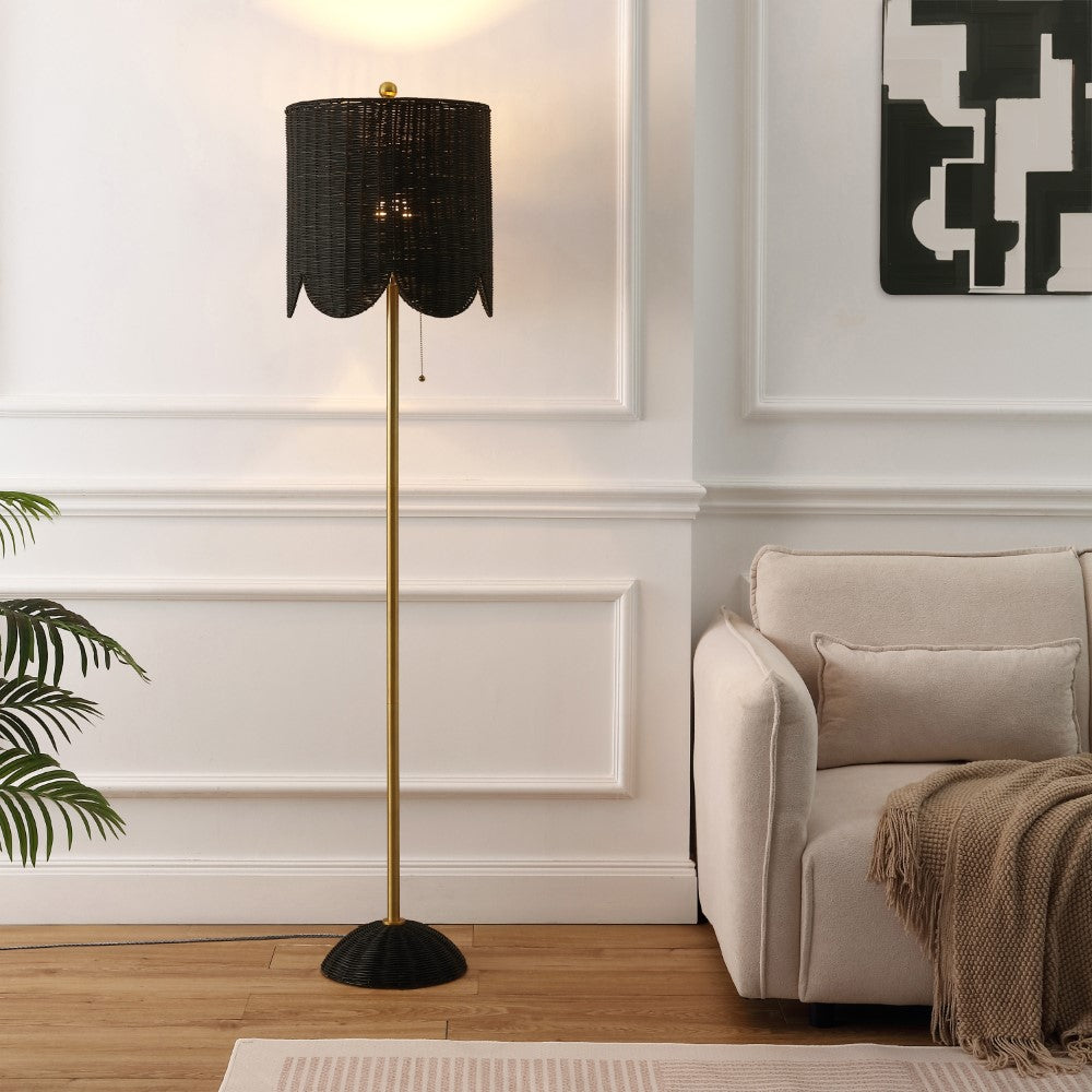 Elyzo 63.5" Coastal Bohemian Scallop Shade Rattan/Metal LED Floor Lamp with Pull Chain