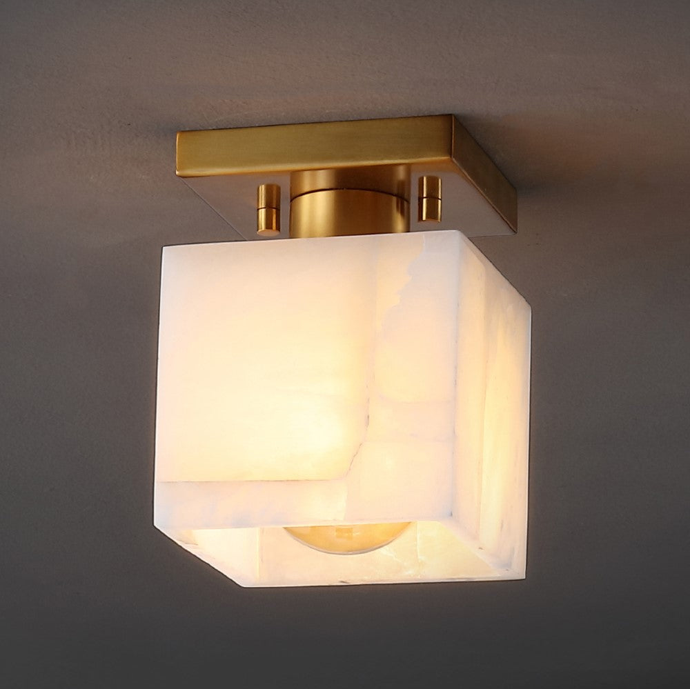 Alabaster 5" 1-Light Modern Contemporary Alabaster/Iron Cube LED Semi Flush Mount