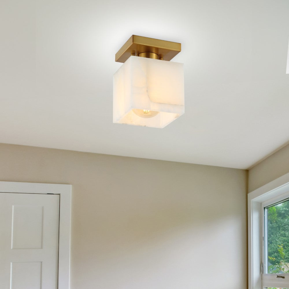 Alabaster 5" 1-Light Modern Contemporary Alabaster/Iron Cube LED Semi Flush Mount