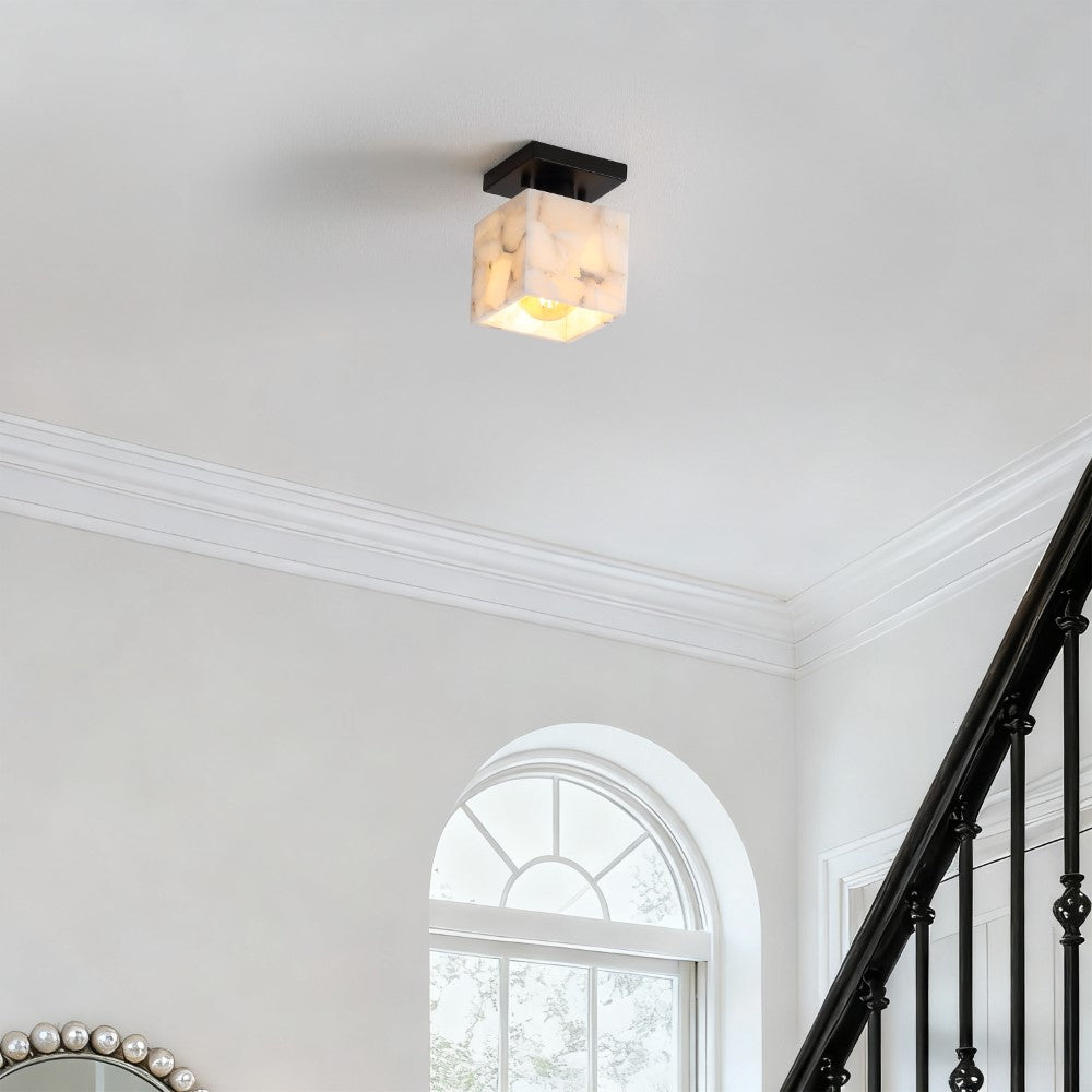 Alabaster 5" 1-Light Modern Contemporary Alabaster/Iron Cube LED Semi Flush Mount